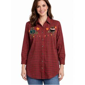 Vintage Karen Scott Red Plaid Teddy Bear Blouse Size Medium Cottage Core Grandma
